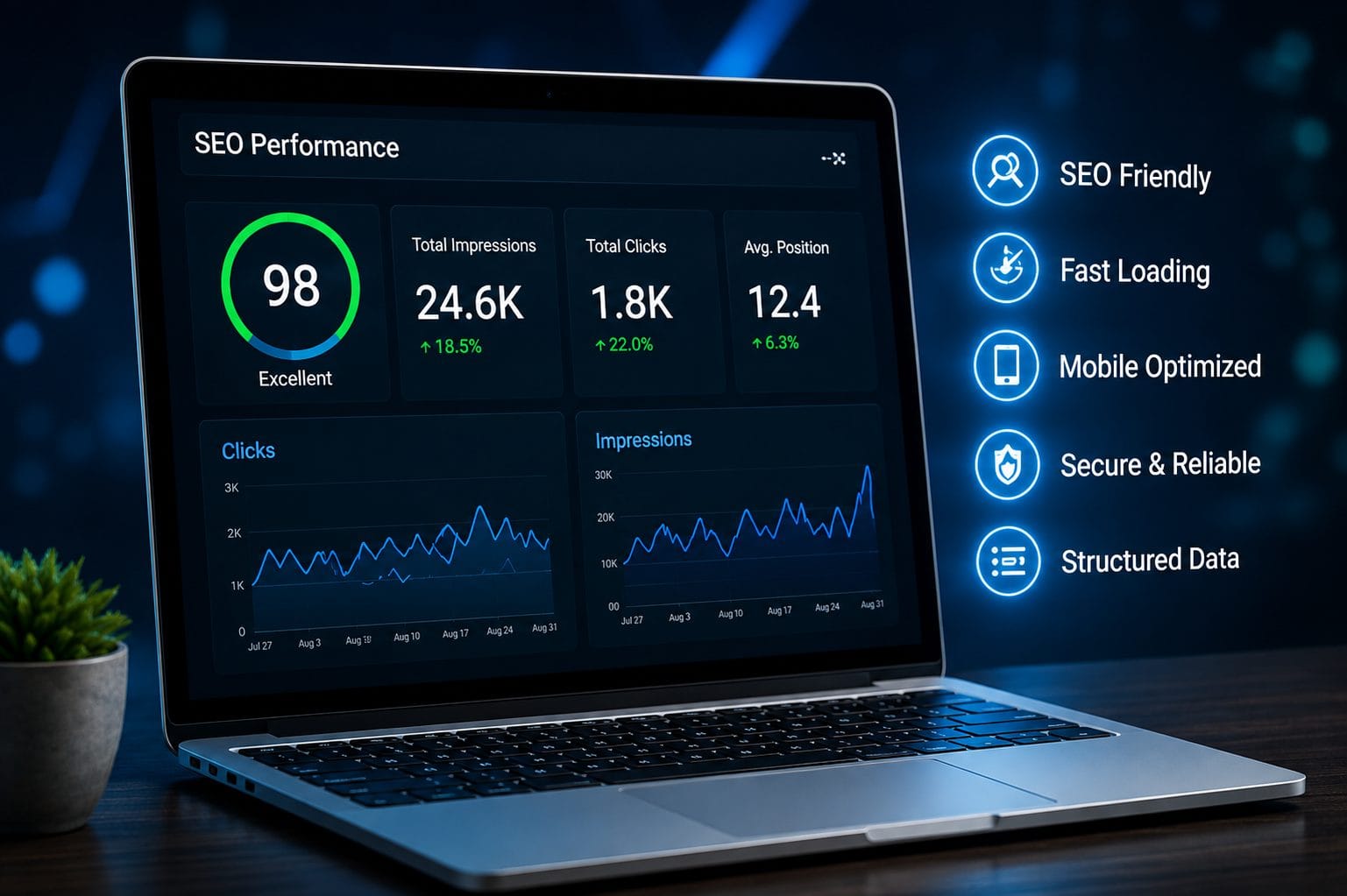 SEO-performance-dashboard-showing-website-speed-mobile-optimisation-structured-data-and-search-visibility