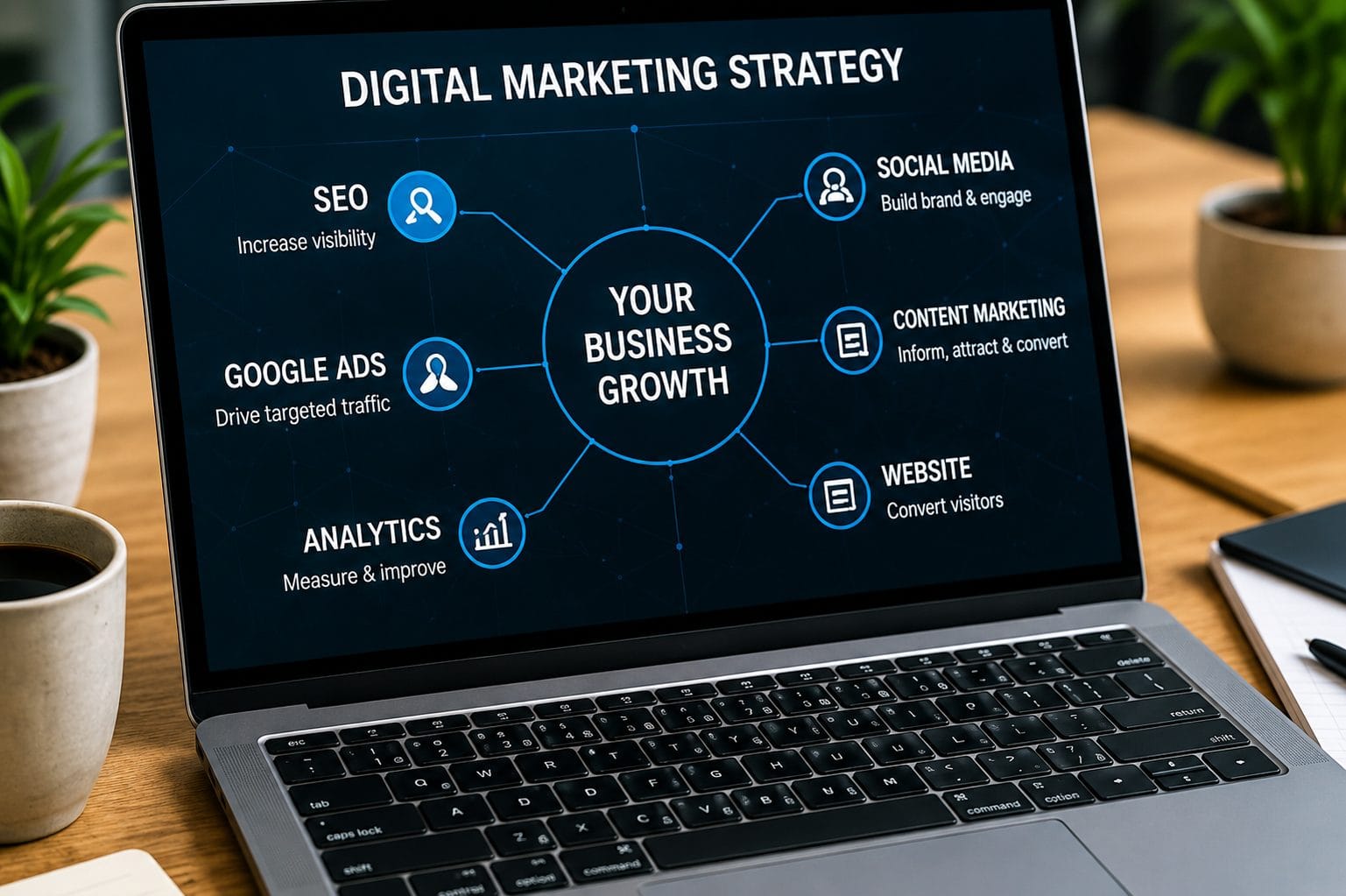 Digital Marketing Strategy Laptop Infographic