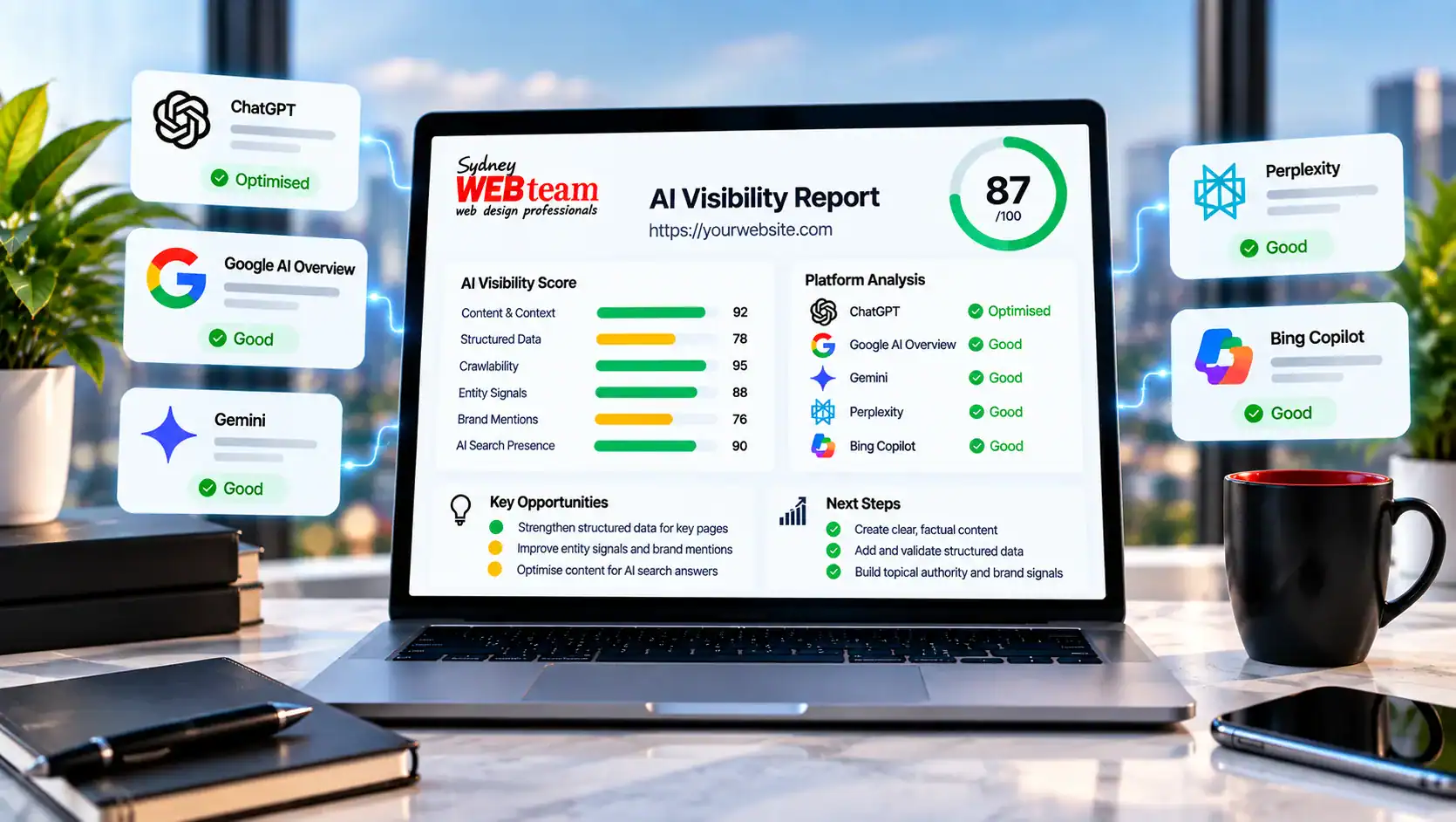 Professional AI visibility report showing ChatGPT, Google AI, Gemini, Perplexity and Bing Copilot website analysis