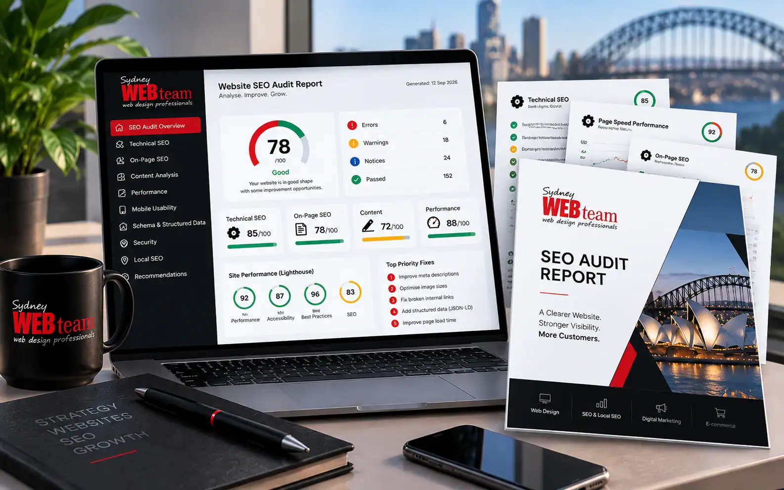 Sydney WEB team professional SEO audit report with website health and performance results