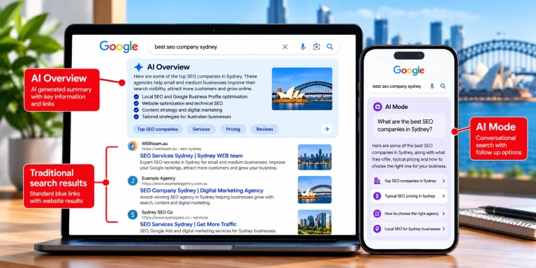 Google AI Overview and AI Mode shown alongside traditional search results
