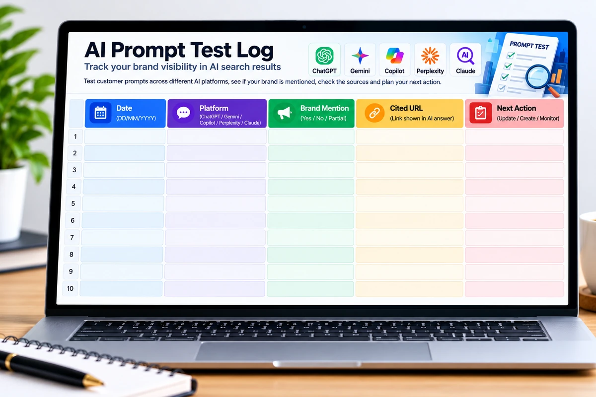 AI prompt test log template with date, platform, brand mention and cited URL columns