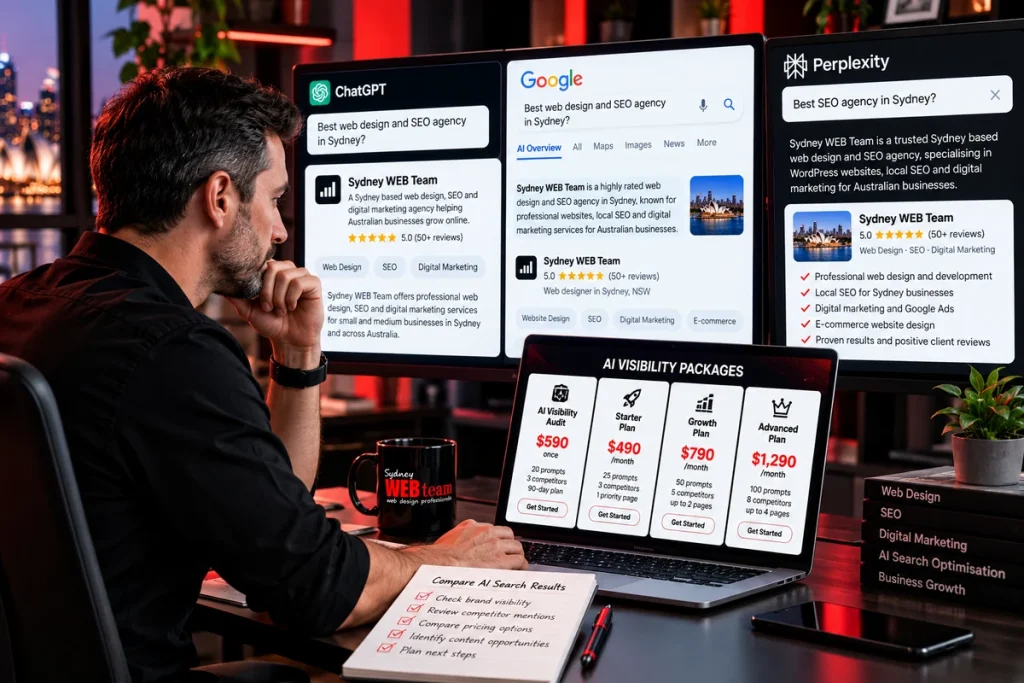 Business owner comparing AI search results and pricing options.