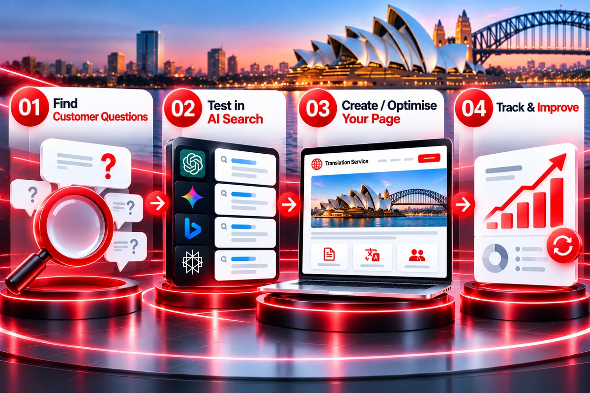 AI search prompt mapping workflow: customer question, AI test, website page, retest