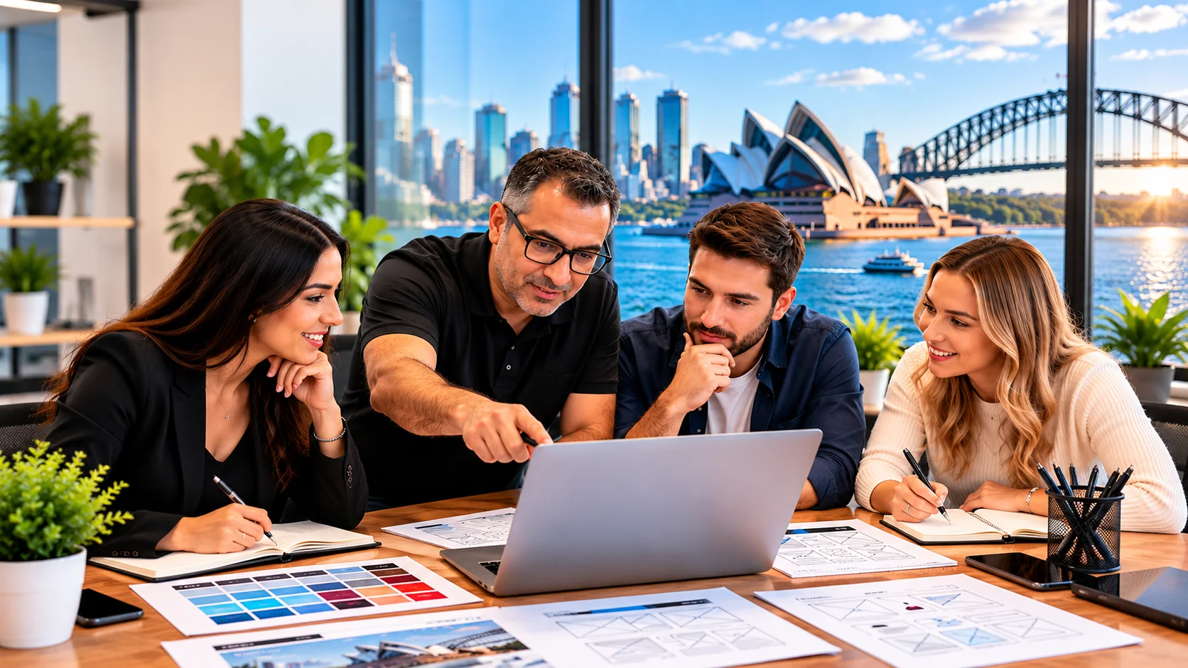 Professionals collaborating on a website project in a modern Sydney office overlooking Sydney Harbour.