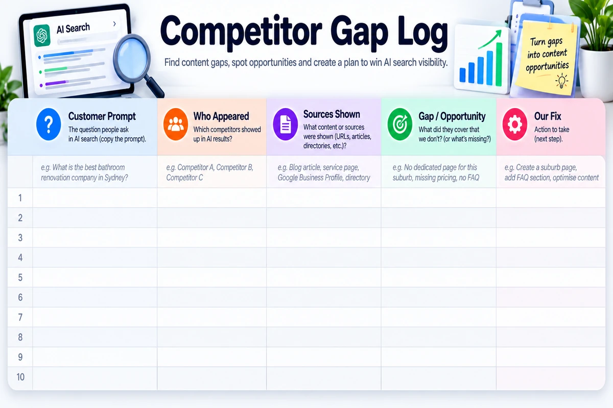 Competitor gap log template with columns for prompt, who appeared, sources shown and the fix