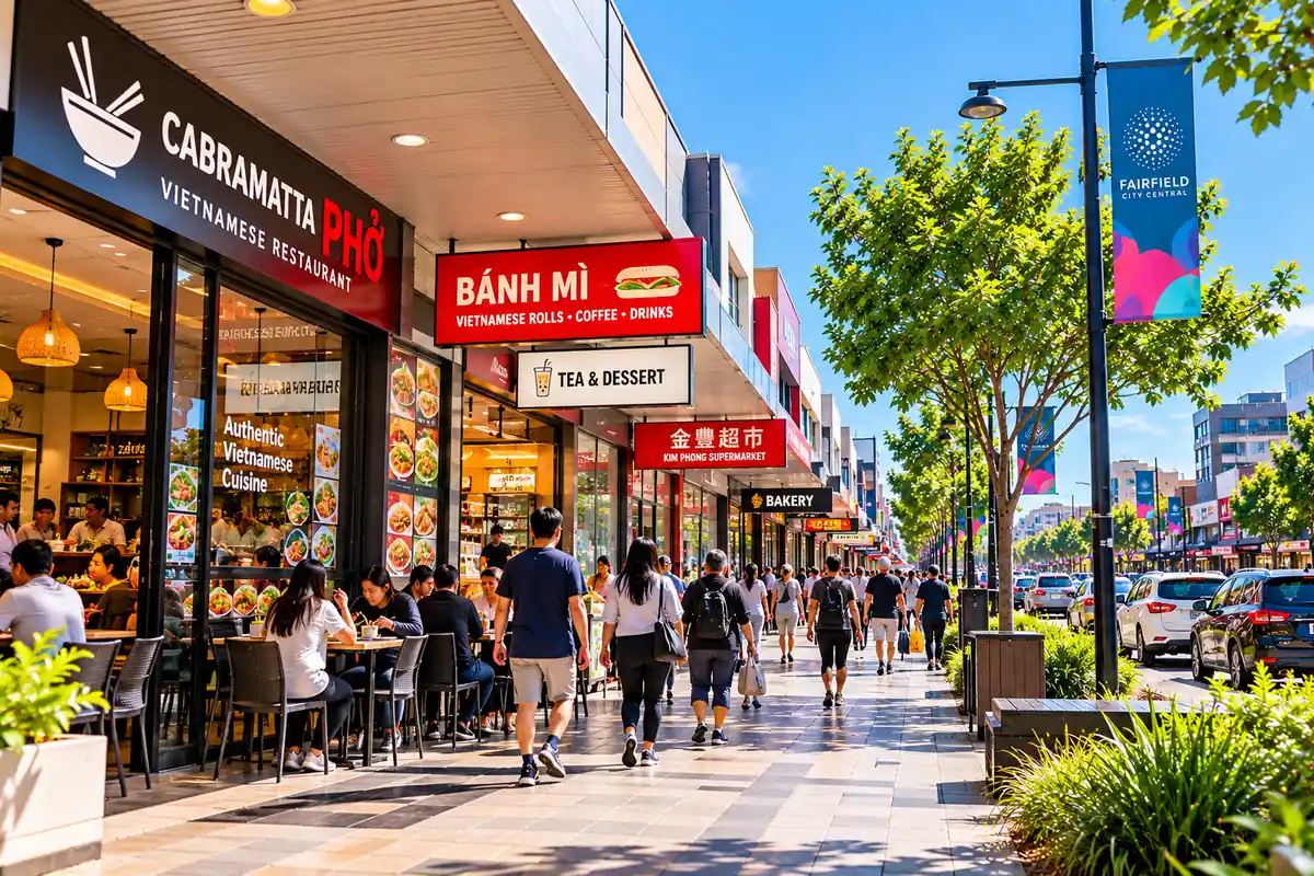 Local shopfronts on a Fairfield City shopping street