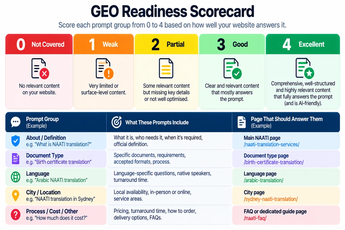 GEO readiness scorecard showing a 0–4 rating scale for website content coverage, with example prompt groups and the pages that should answer them.
