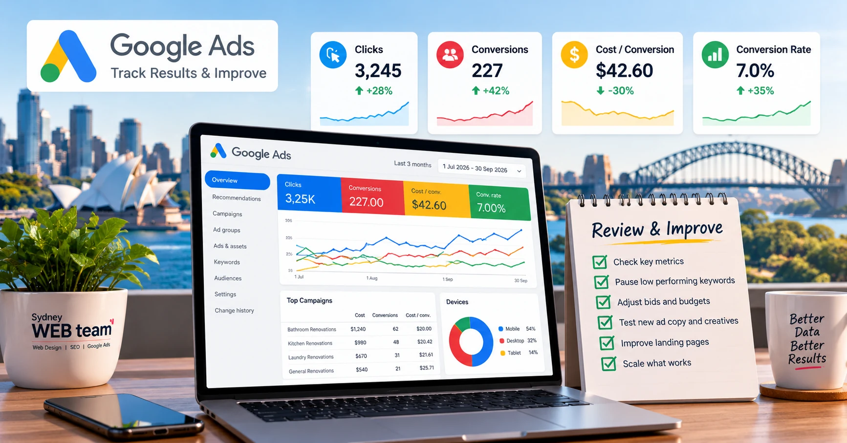 Google Ads performance dashboard showing clicks, conversions, cost per conversion, campaign reports and optimisation tasks in a Sydney office