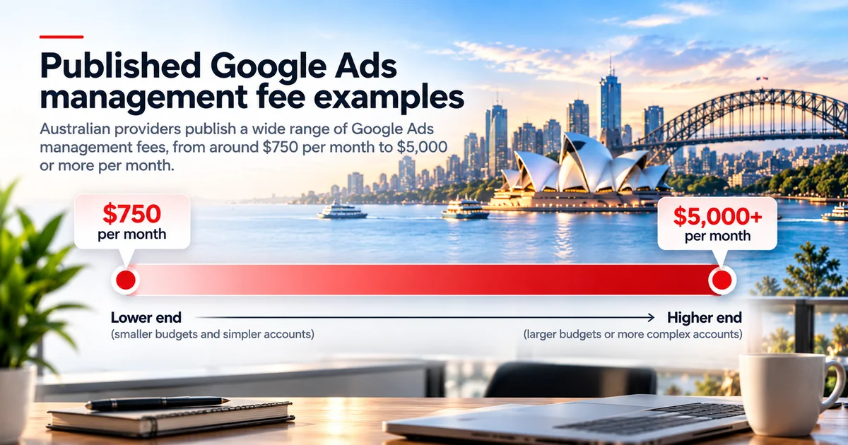Chart showing the range of published Google Ads management fee examples, from about $750 a month to several thousand dollars a month.