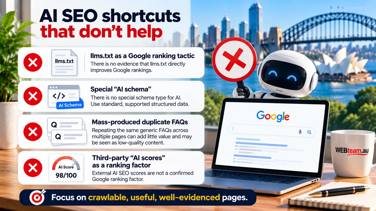 Graphic of AI SEO shortcuts that do not help: llms.txt, special schema, duplicate FAQs and AI scores