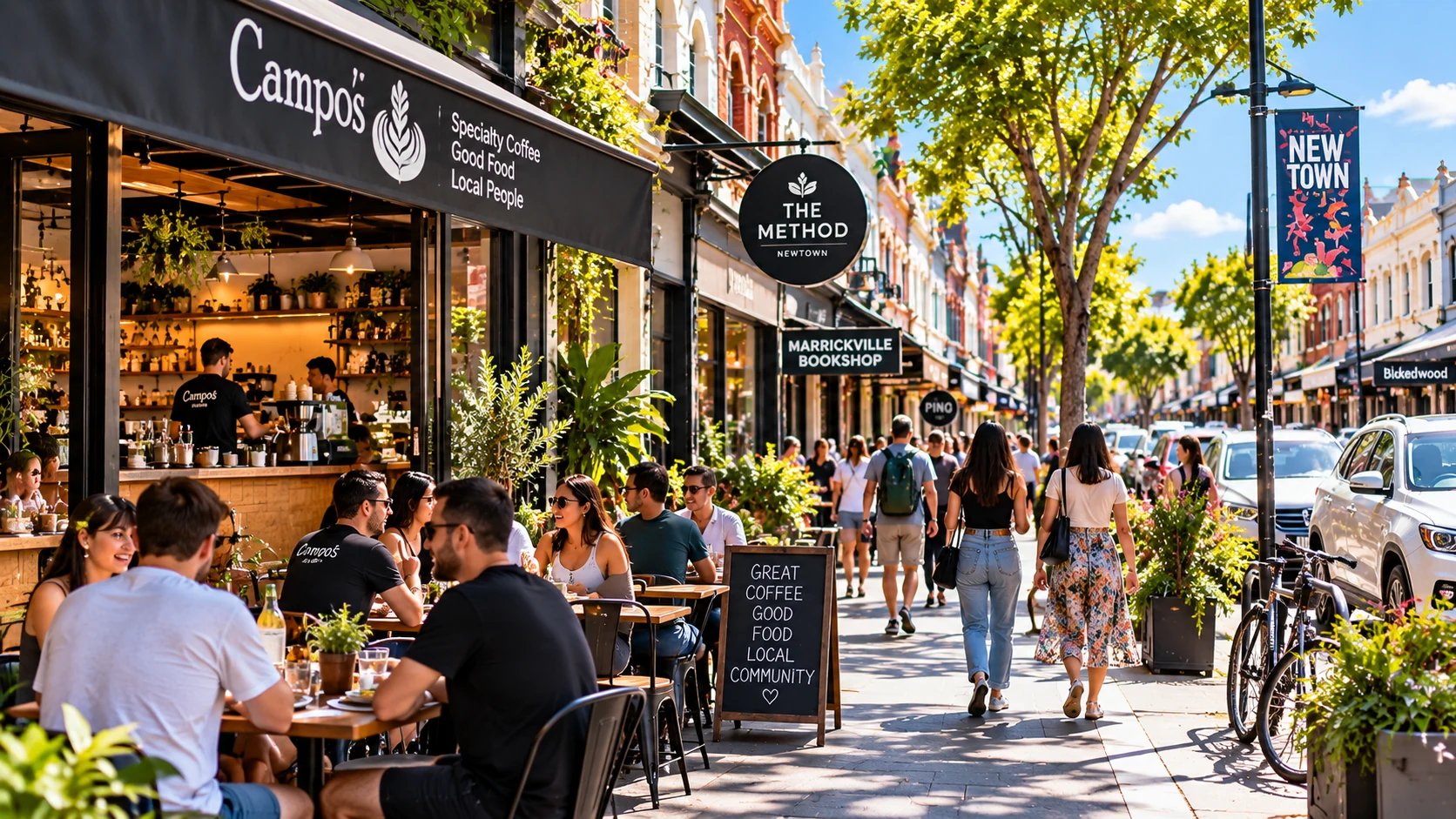 Busy Inner West Sydney shopping strip with local cafés and shops near Marrickville and Newtown