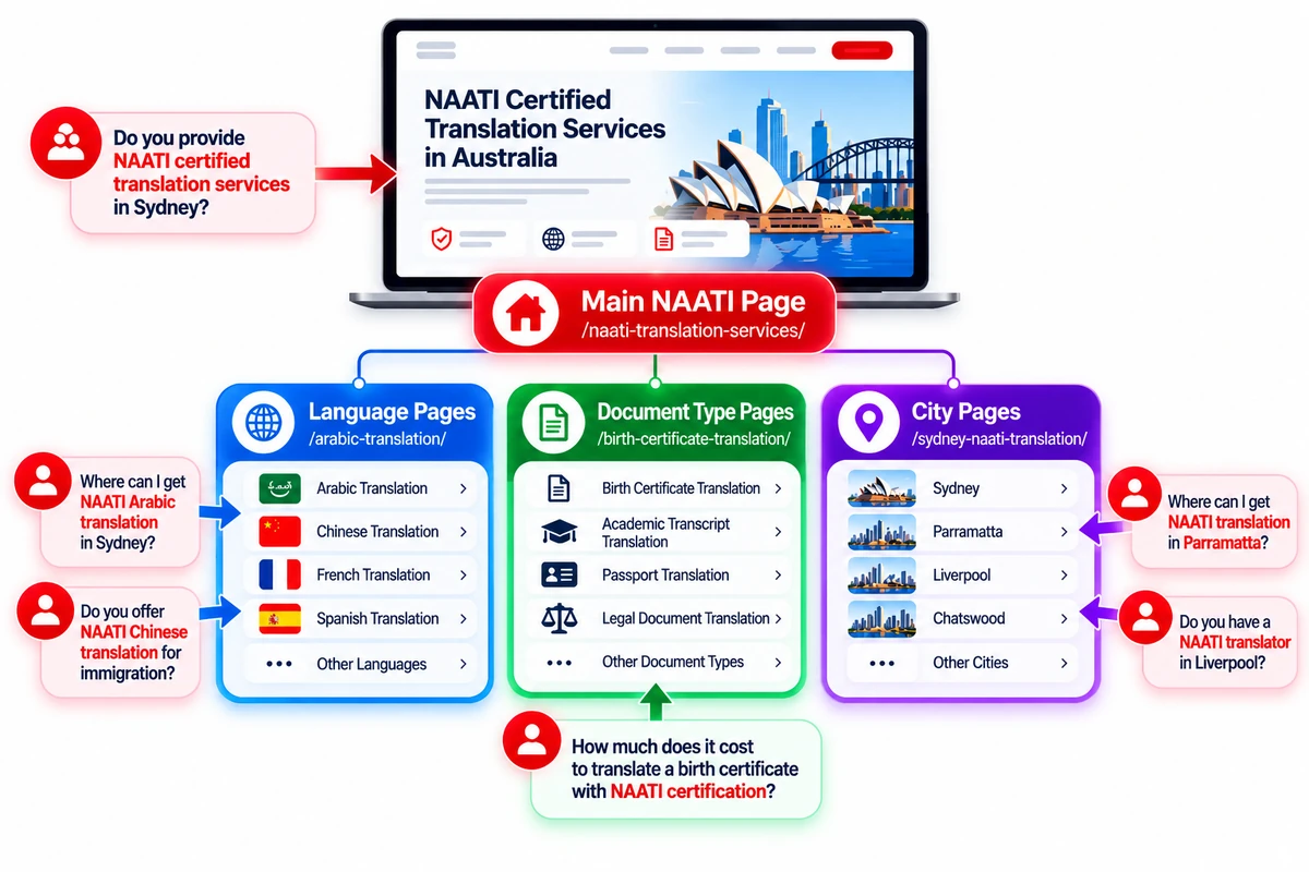 Kalimat site structure with core NAATI, language, document-type and city pages mapped to customer questions