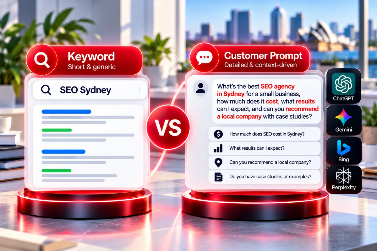 A short keyword compared with a full customer prompt that includes context and follow-up questions