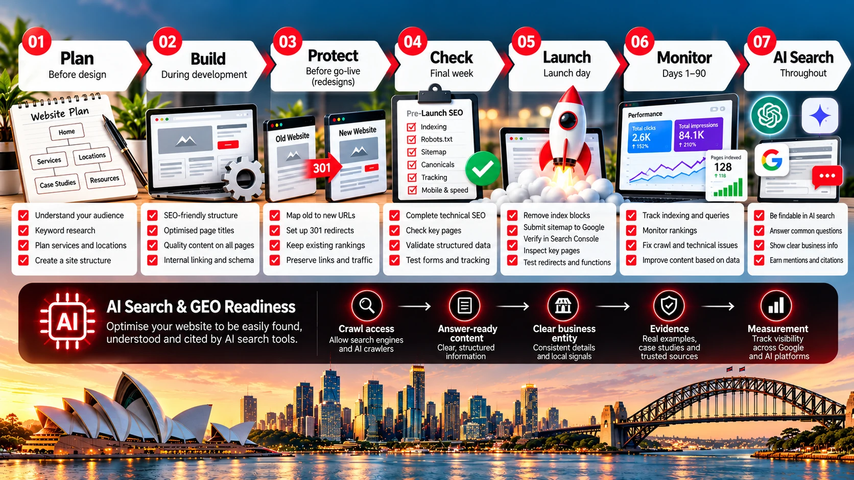 New website SEO timeline before launch, launch day and first 90 days