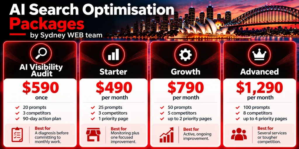 Sydney WEB team AI visibility packages compared: audit, Starter, Growth and Advanced.
