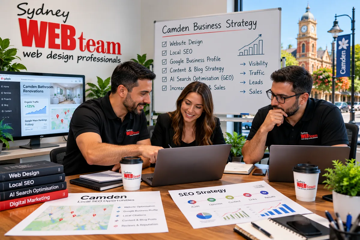 Sydney WEB team planning a Camden business web design, local SEO and AI search optimisation strategy