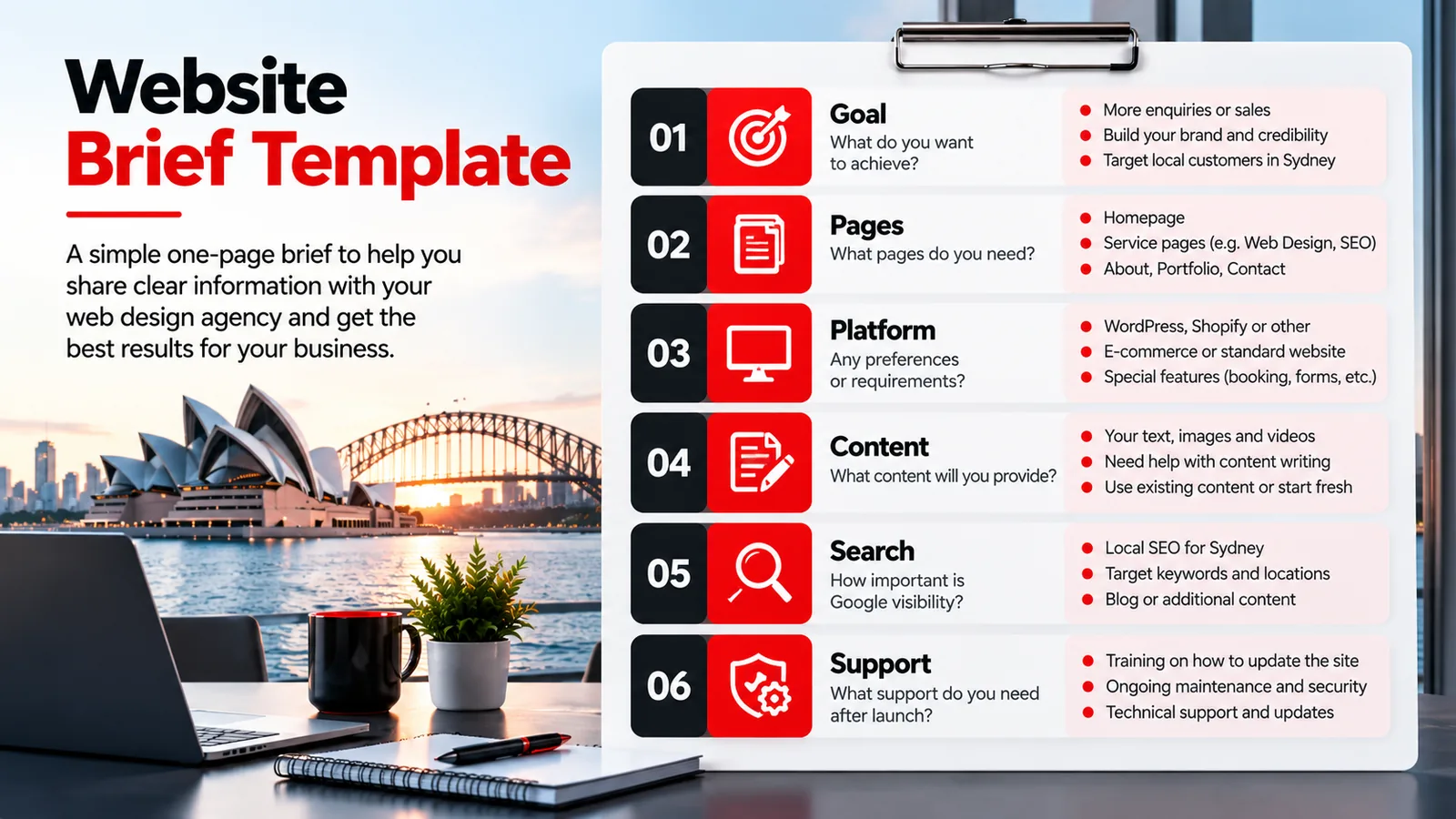 A one-page website brief template covering goals, pages, platform, content, search and support.