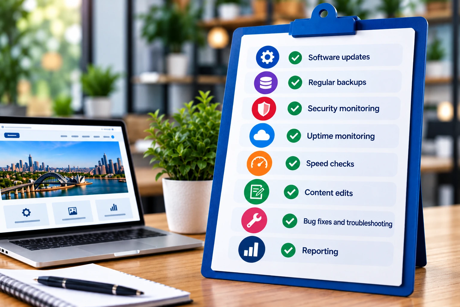 Website management checklist: updates, backups, security, uptime, speed checks, content edits and reporting