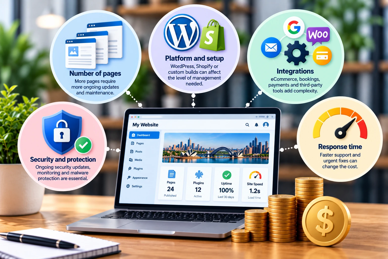 Factors that affect website management pricing: pages, platform, integrations, security and response time