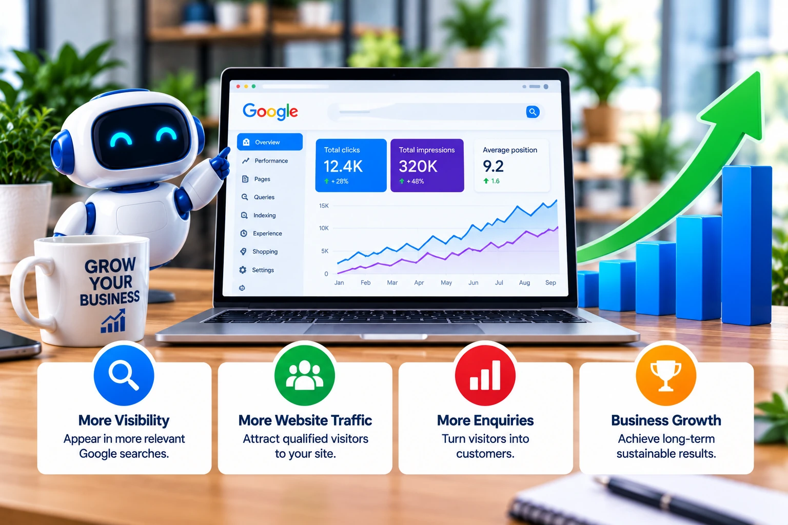 Search performance report showing how a well-managed website supports SEO and AI search visibility