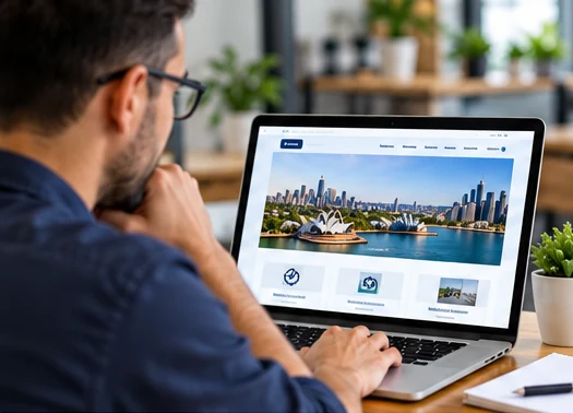 Small business owner reviewing their website on a laptop