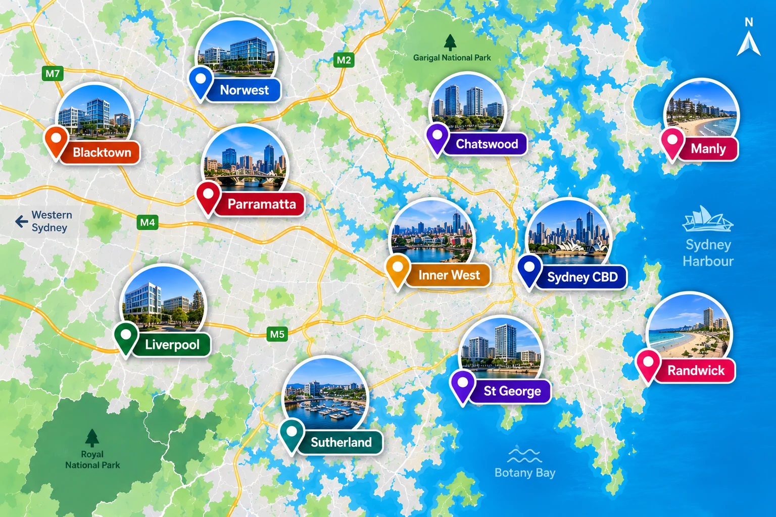 Map of Sydney service areas including Parramatta, Norwest, Liverpool, Inner West, Sydney CBD and surrounding Sydney regions