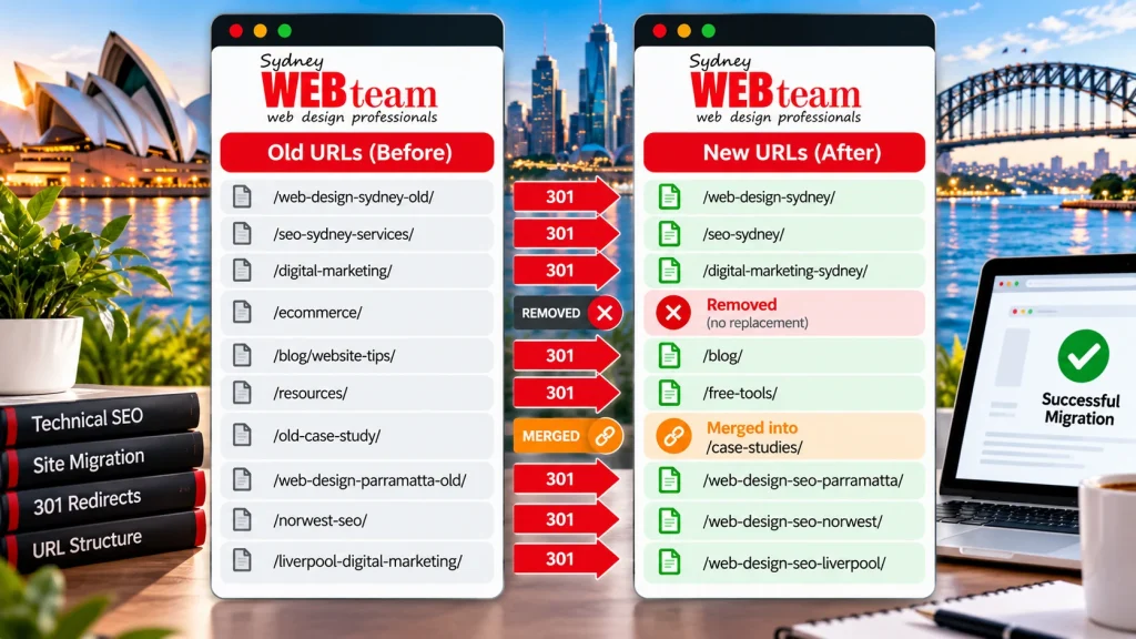 Website redesign SEO migration map showing old URLs redirected to new URLs